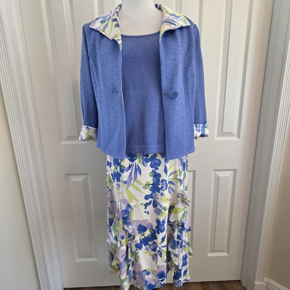 St John Santana Knit 3PC Suit Set Periwinkle Blazer/Shell/Silk Floral Skirt-SZ 6 - Picture 4 of 16